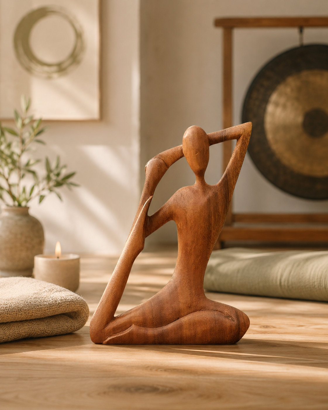 Statua in legno in posizione meditativa in uno studio caldo e raccolto