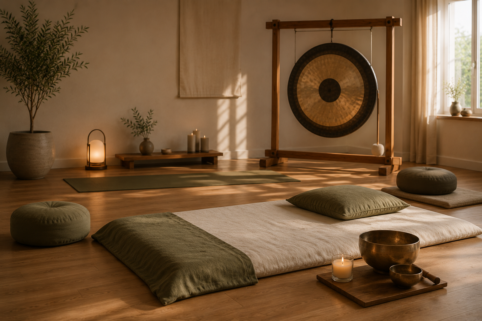 Studio per Yoga, Shiatsu e Gong con grande gong, tappetino e campana tibetana